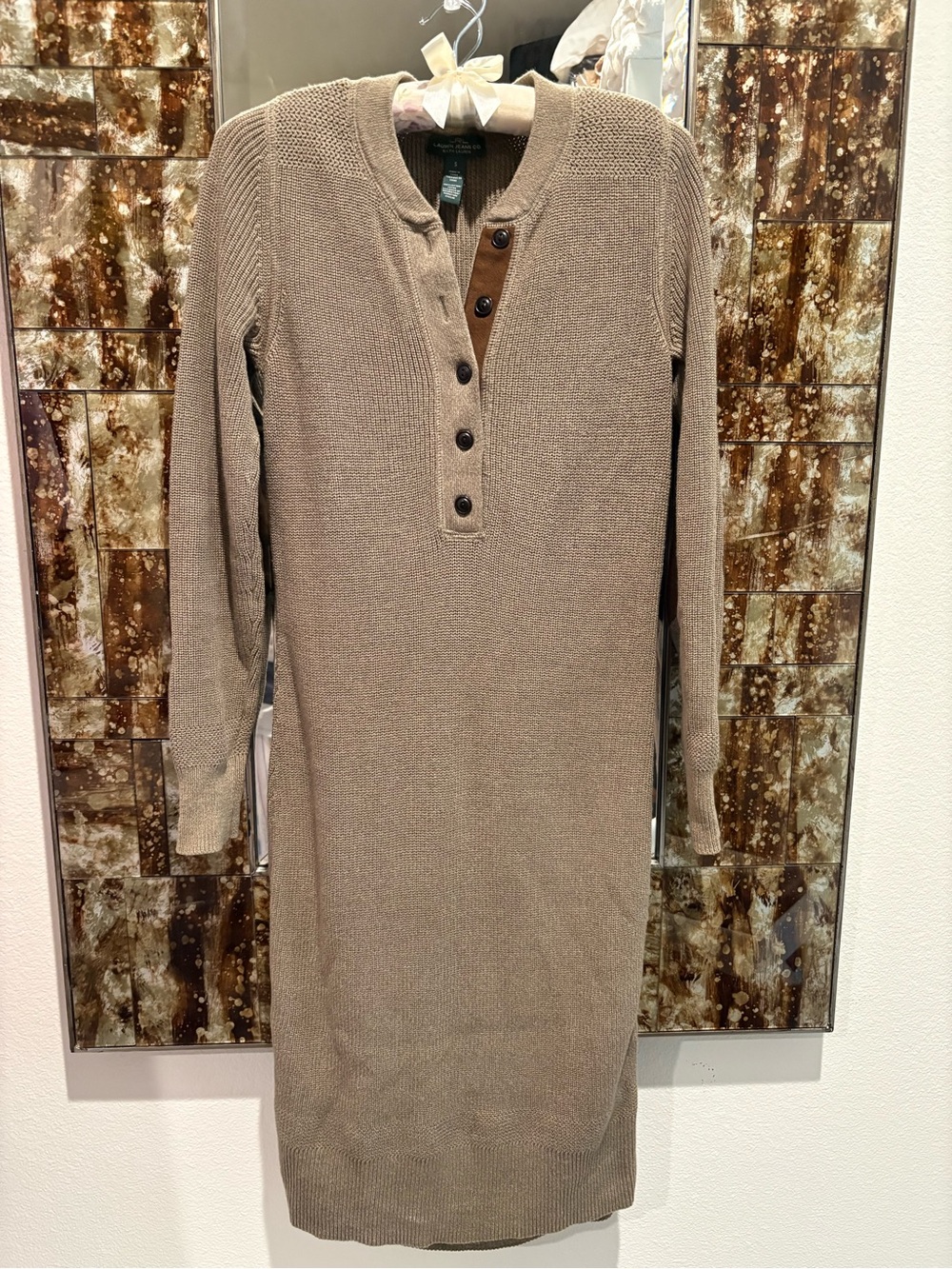 Ralph Lauren Taupe Henley Ribbed Long-Sleeve Knit Dress